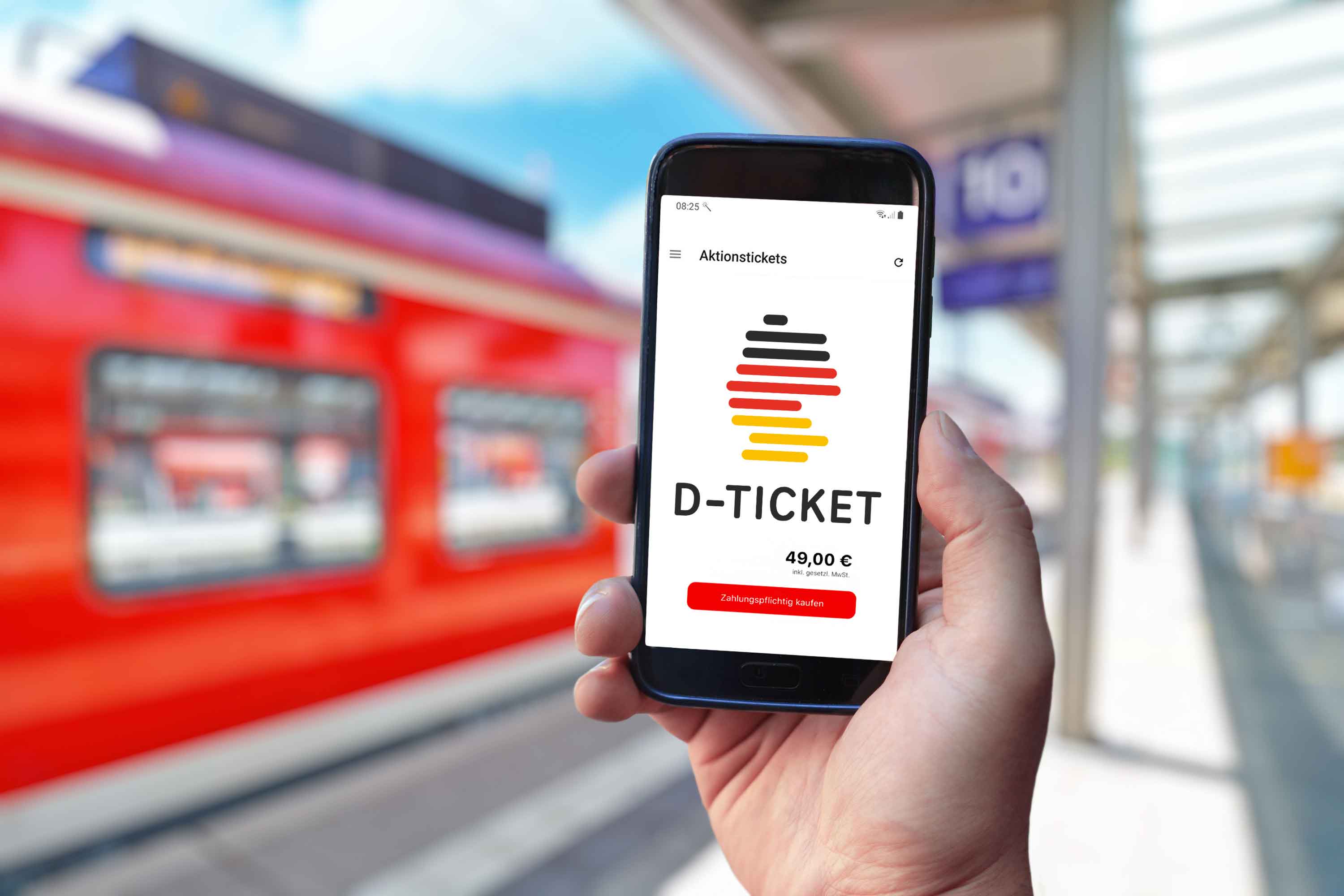 Im Hintergrund ist ein Zug zu sehen, im Vordergrund ist ein Smartphone zu sehen, auf dem das Deutschlandticket zu erkennen ist.